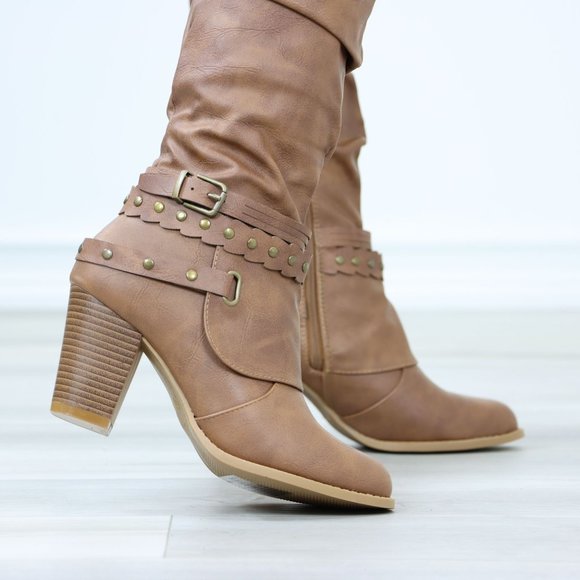 Motorcycle Heeled Boots For Rocker Biker Girls Below The Knee Tan Faux Leather - Picture 5 of 15